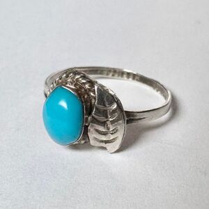 Vintage Real Turquoise Sterling Silver Leaf Ring Size 6.25 Mexico 925 Handmade